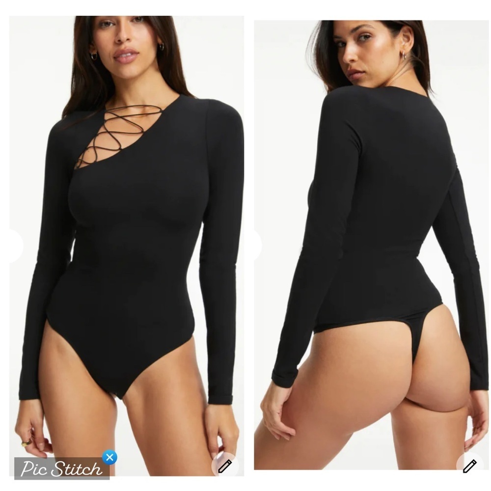 Good American Good Touch Shoulder Lace Up Bodysuit